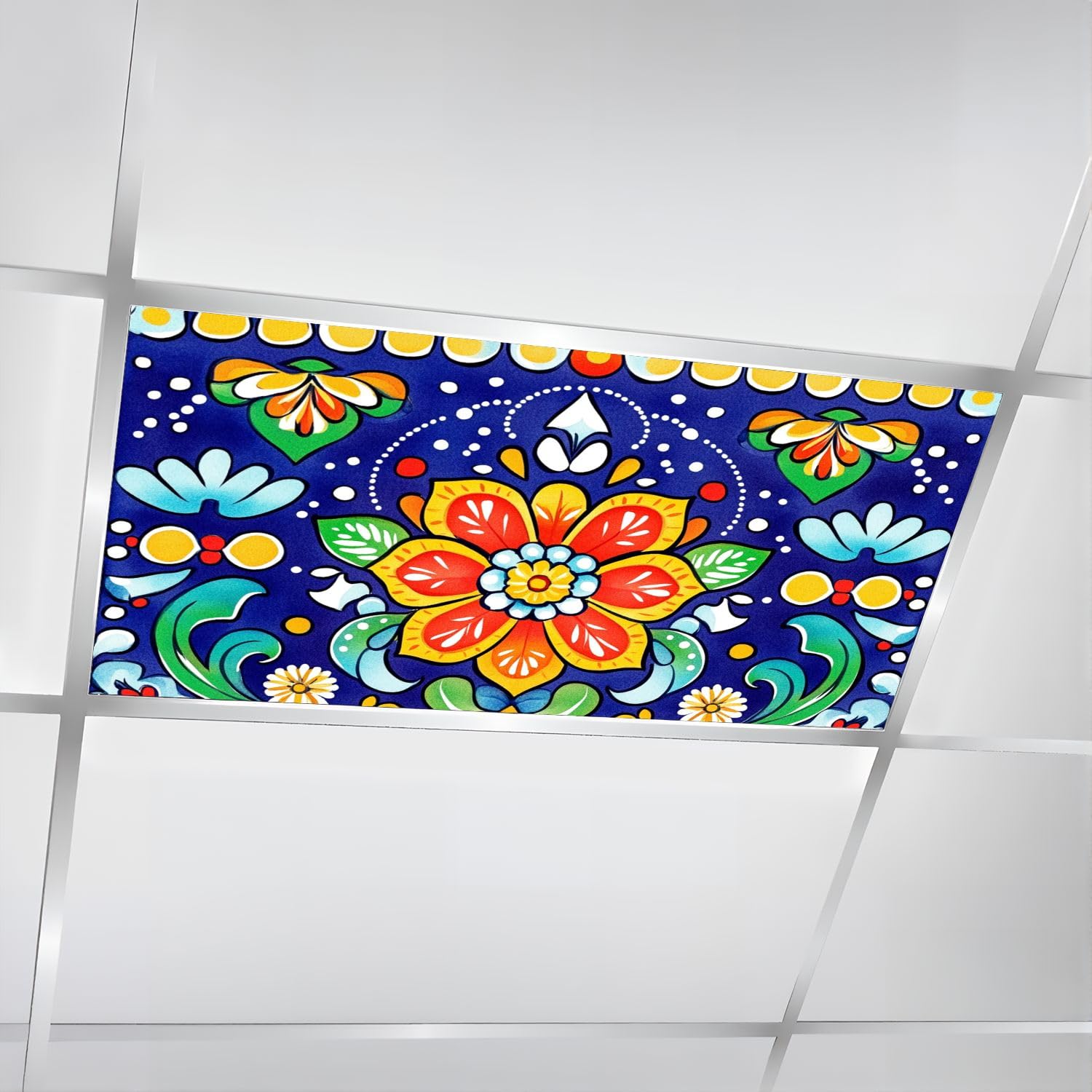 DERUINVAIO 4 Pcs Fluorescent Light Covers for Ceiling Lights Mexican Talavera Seamless repetitive Inspired by Traditional Decorative Magnetic