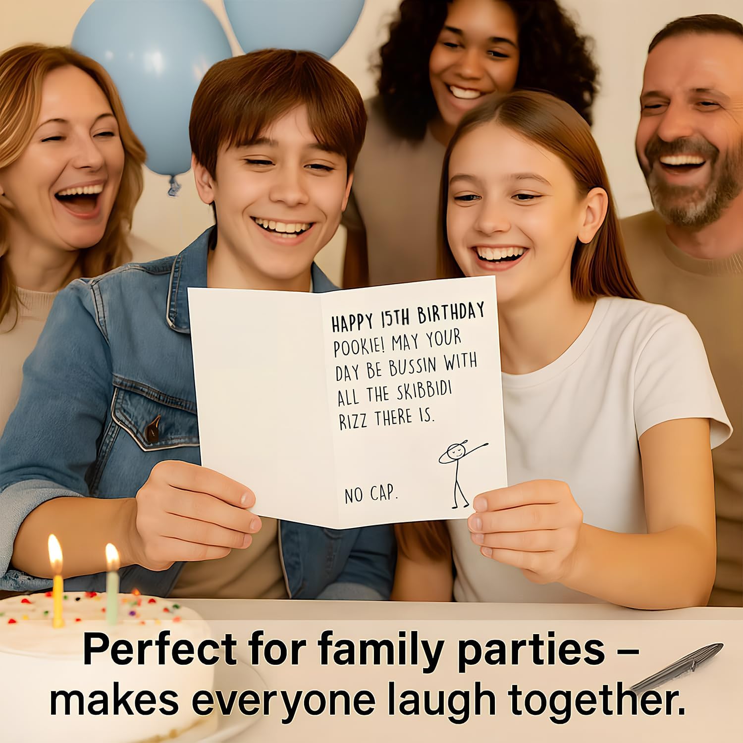 15th Funny Birthday Card: Standard 8x5.3in Greeting Gift with Meme Humor and Teen Slang for 15 Year Old Boy Girl Son Daughter Family Celebration