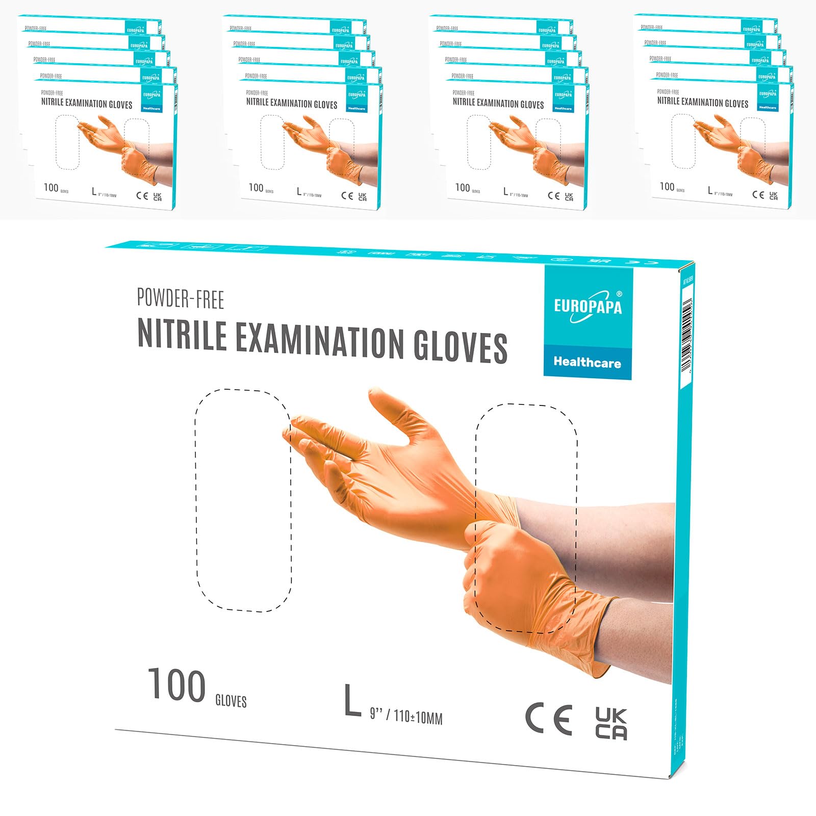 EUROPAPA® 2000 Stück (20x100) Nitrilhandschuhe Box Einweghandschuhe, Einmalhandschuhe, Untersuchungshandschuhe, puderfrei, ohne Latex, unsteril, latexfrei, disposible gloves (L, Orange)