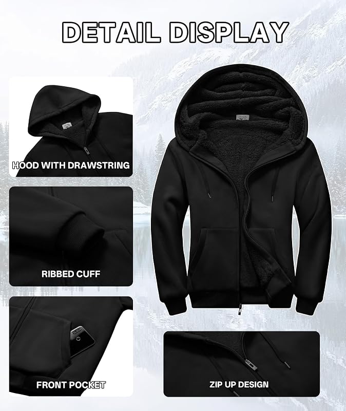 V VALANCH Men Hoodies Zip Up Sherpa Lined Sweatshirts Heavyweight Thick Warm Fleece Winter Jacket, Black XL image 5