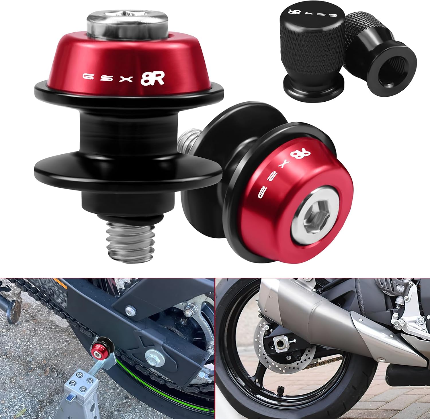 Motorcycle Swing Arm Spools Sliders and Tire Valve Stem Caps Air Cap Covers Set for Suzuki GSX-8R GSX8R GSX 8R 2023-2025 (Red)
