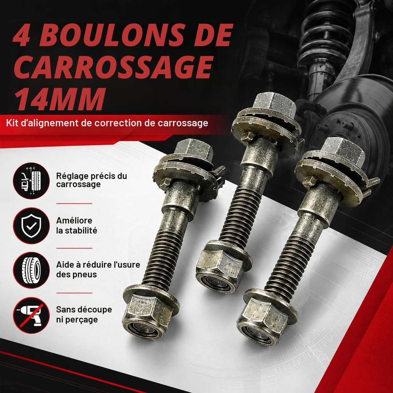 Réglable Boulon à Came, 4 PièCes 14mm Kit De Boulons De Carrossage RéGlables Vis De Boulon Excentrique Cam Bolts Camber Correction Kit pour Alignement des Quatre Roues De VéHicule