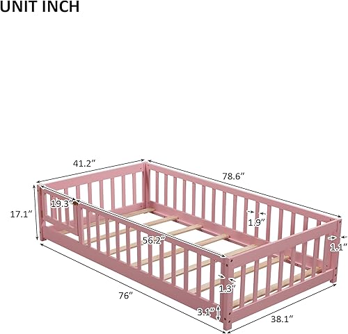 Miniatura 45 de Cama de plataforma de suelo de tamaño individual con valla, cama de madera para niños, cama de cerca para niños con puerta, no necesita somier