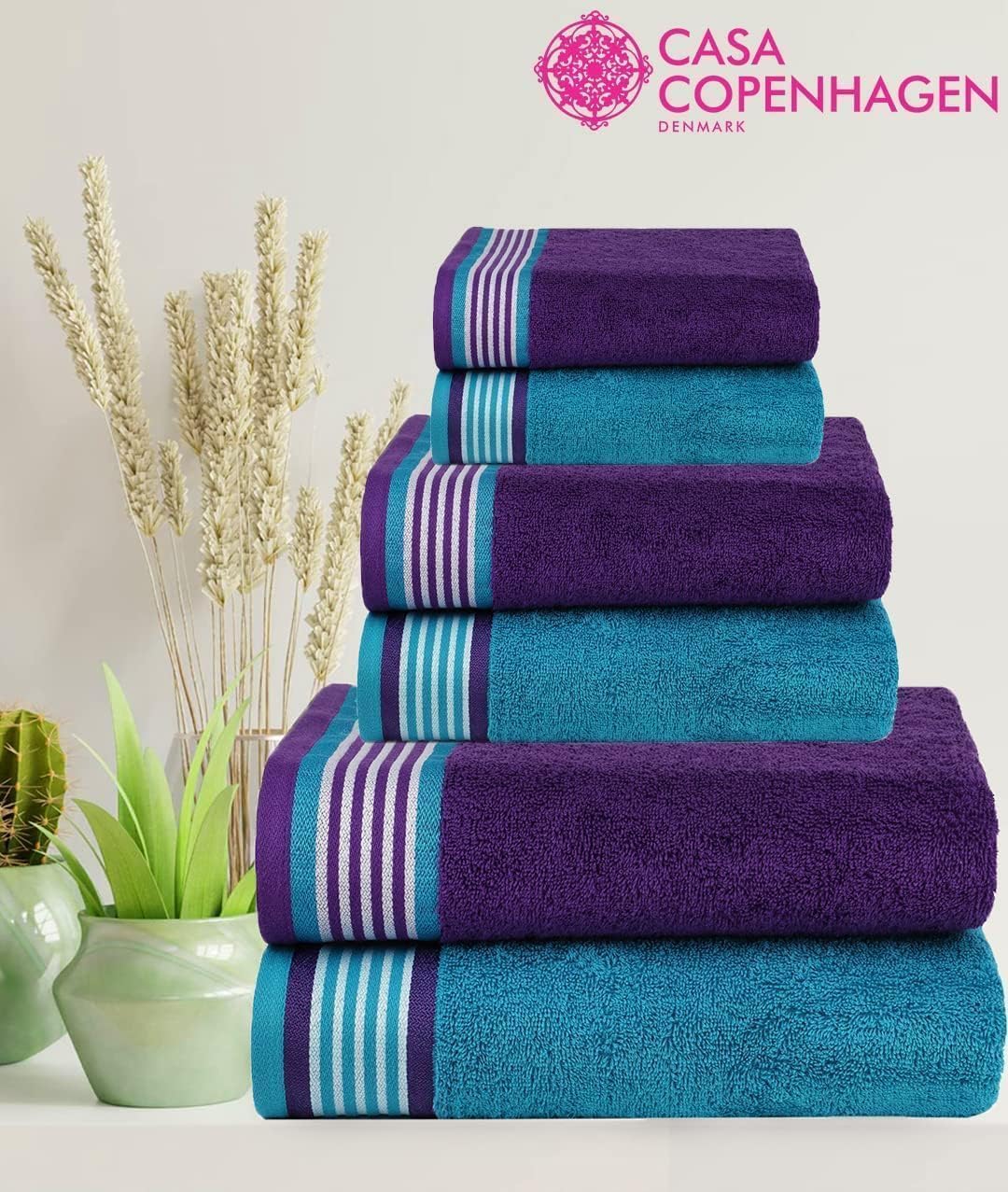 Casa Copenhagen Juego de 6 Toallas de baño 600 gsm, Violeta-Índigo-Turquesa | He & She 100% algodón egipcio puro para baño, cocina y ducha: 2 toallas baño, 2 de mano, 2 paños (set regalo mujer y hombre)