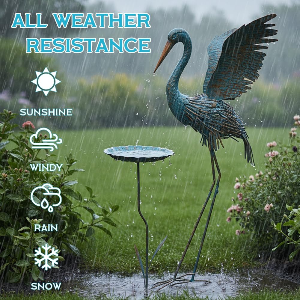 Heron Outdoor Statues with Leaf Tray, Large Crane Garden Statue for Outside, Elegant Metal Crane Yard Art Garden Decor for Garden Yard, Porch