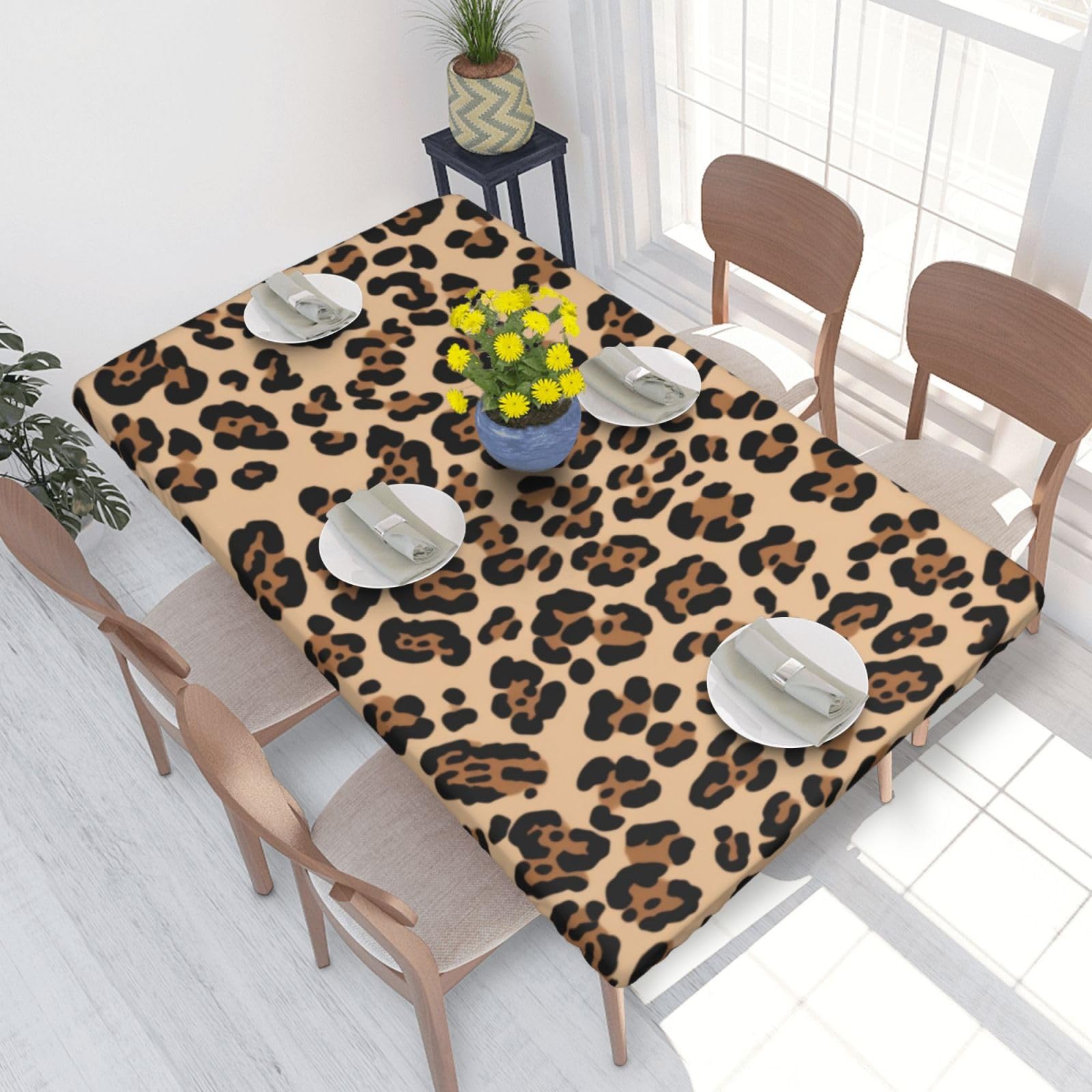 DCARSETCV Leopard Print Printed 4FT Waterproof Tablecloth with Elastic Edged Protect & Decor Your Table, Oil-proof Washable Table Cloth Cover for Dinner Picnic Party