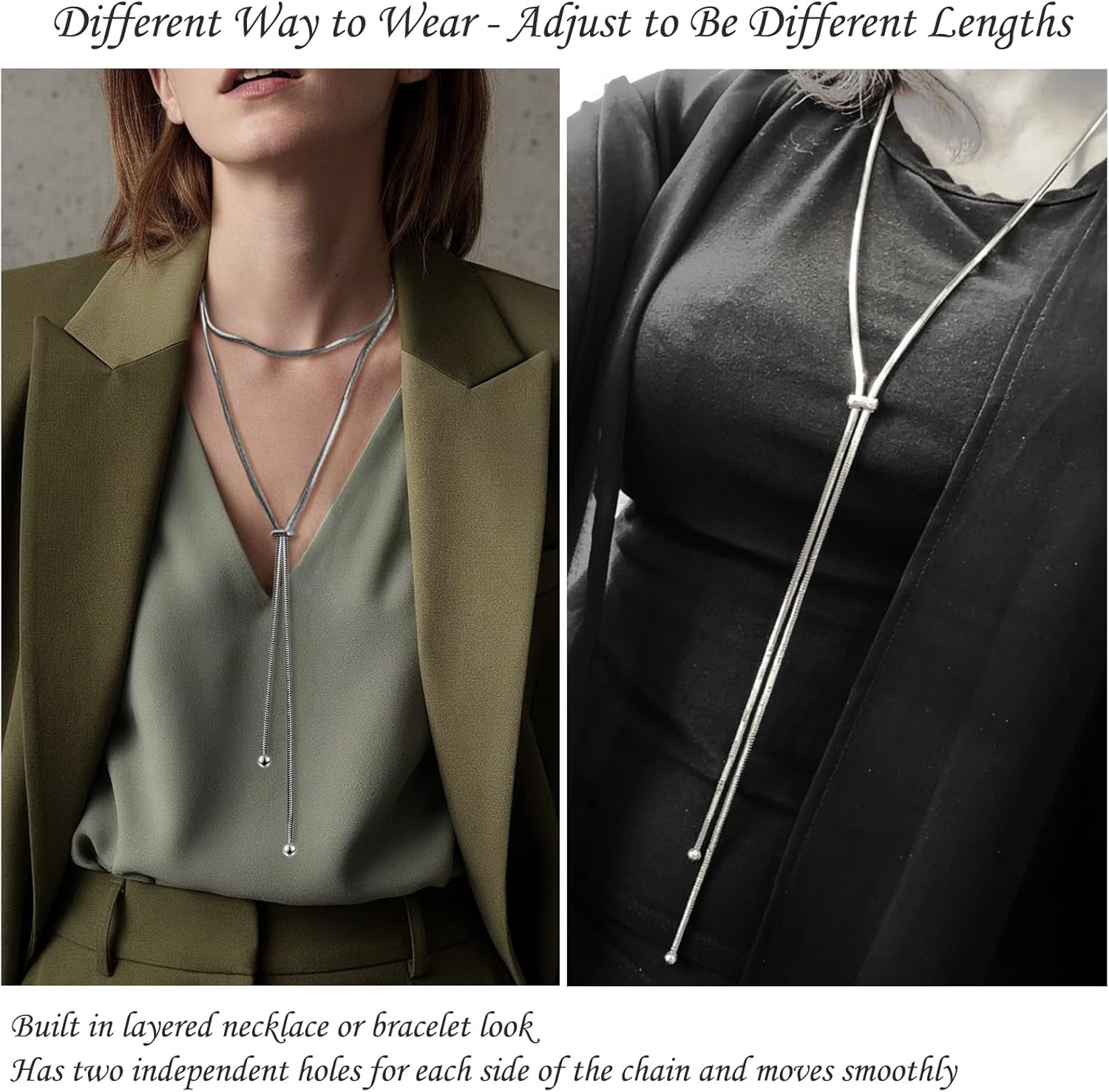 2Pcs Long Gold Necklace for Women Trendy Dainty 14k Gold Plated Silver Lariat Necklaces Y Tassel Drop Tie Necklace Simple Adjustable Statement Jewelry Gift - Image 4