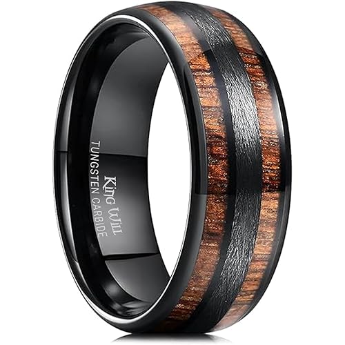 King Will Tungsten Carbide Wedding Band for Men Women-8mm Width Black/Gold/Sliver with Nature Koa/Maple Wood Inlay Domed Design Wodden Wedding Ring Comfort Fit Size 6-14