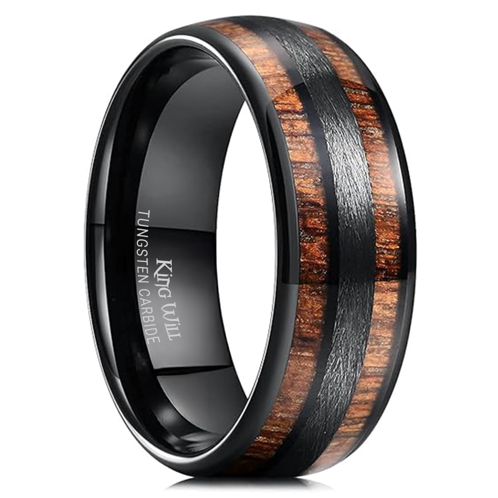 316L Stainless Steel Wedding Band for Men Women-8mm Width Black/Gold/Sliver with Nature Koa/Maple Wood Inlay Domed Design Wodden Wedding Ring Comfort Fit Size 6-14