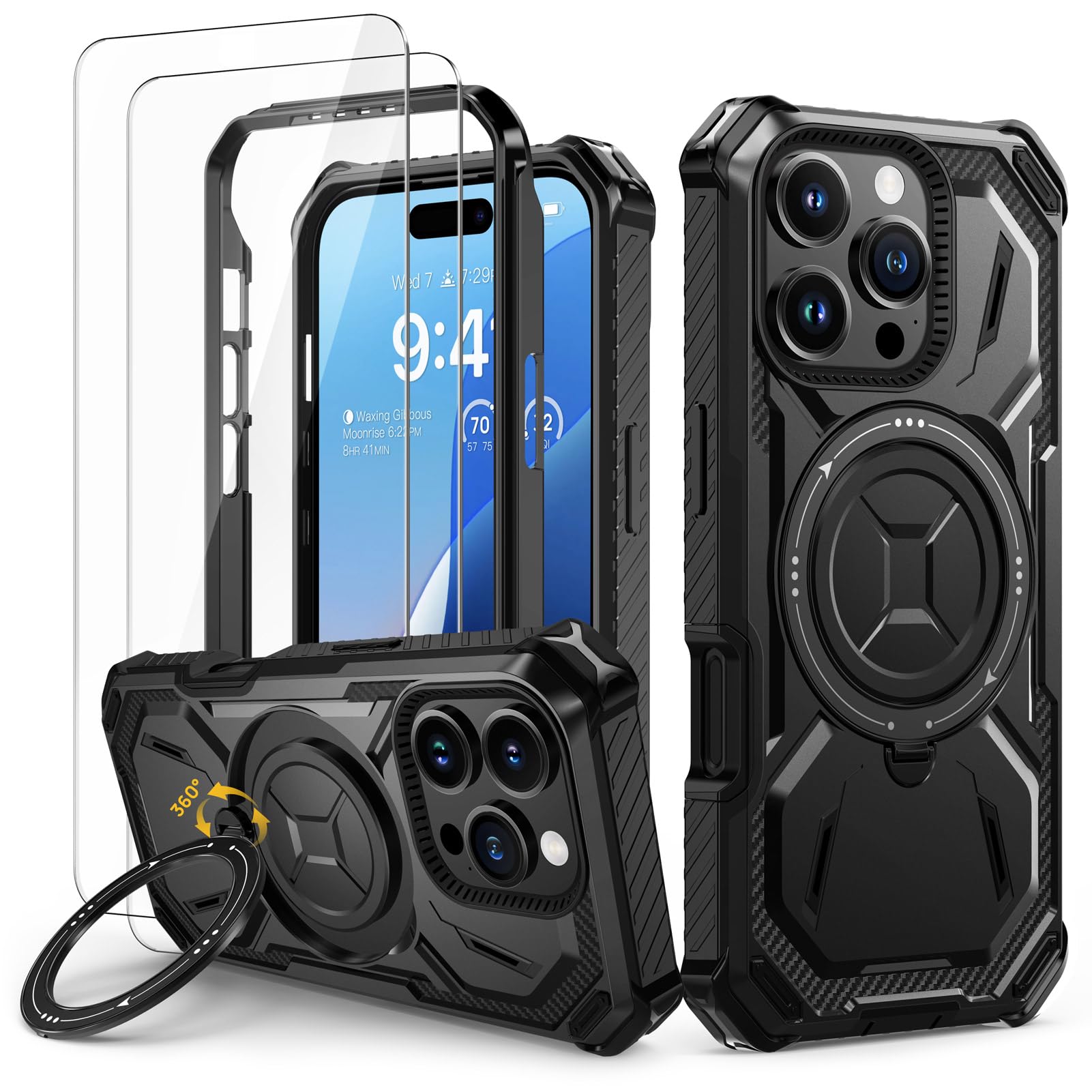 Lanhiem Cover per iPhone 16 PRO con 2 Pezzi Vetro Temperato, 14FT Antiurto Anticaduta Militare,Supporto Magnetico Anello a 360° Protezione Armor Protezione, Custodia per iPhone 16 PRO, Nero