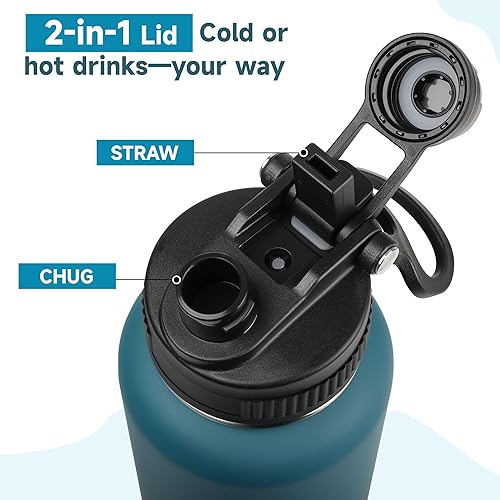 Miniatura 2 de Botella de agua aislada de 22 onzas, tapa 2 en 1 a prueba de fugas (sorbo/pajilla) + asa, botella de acero inoxidable para deportes, viajes, trabajo