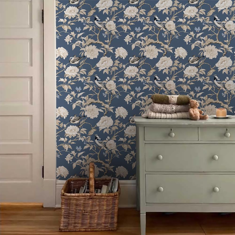 18"x236" Navy White Vintage Peony Floral Peel and Stick Self Adhesive Wallpaper Removable Contact Paper Stick on Easy Peel Off Wall Paper for Kitchen Bedroom Bathroom Renter