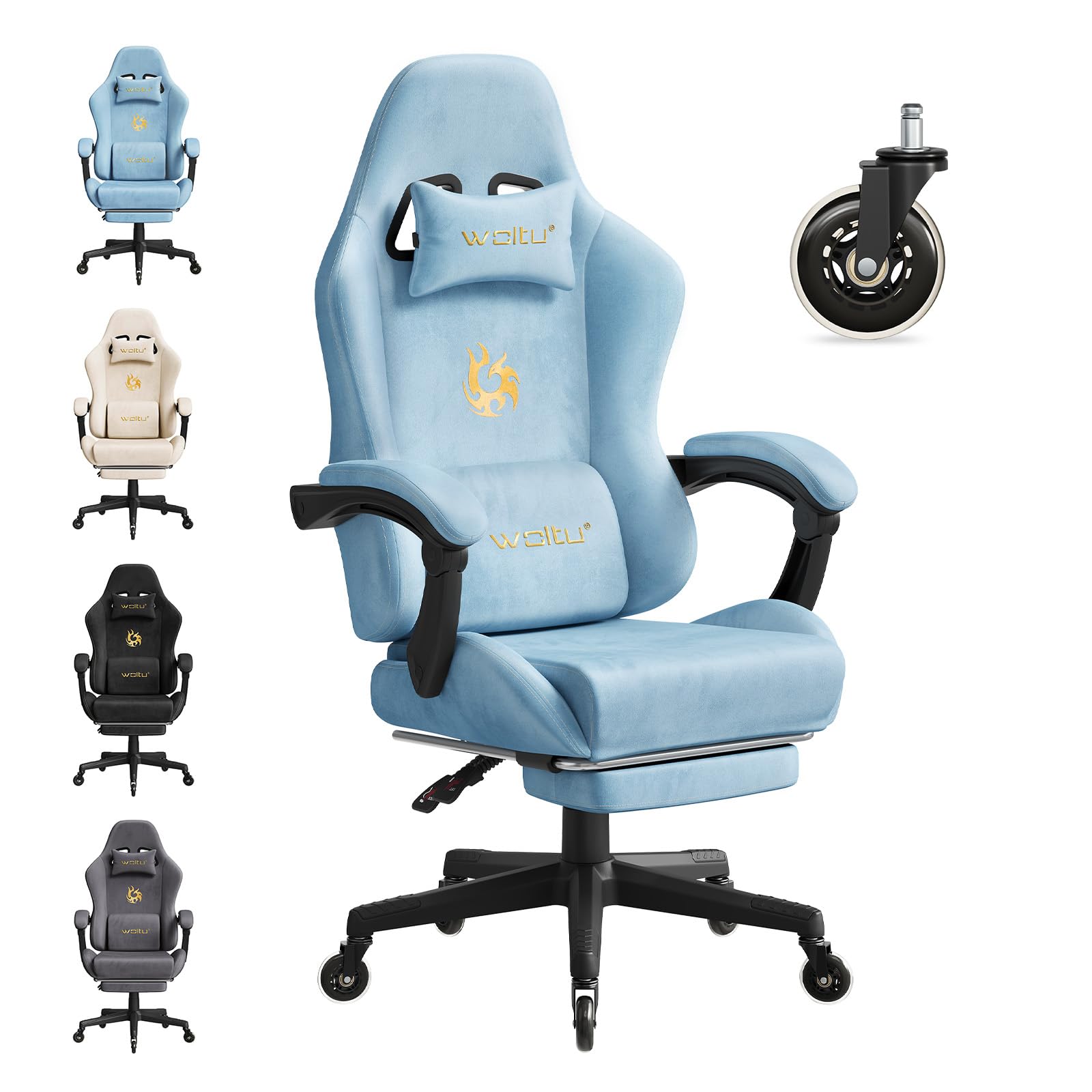 WOLTU Gaming Chair with Lumbar Support, Ergonomic Office Chair with Head and Footrest, Swivel Work Chair with Large Seat and Wheels, Suede Fabric, Blue