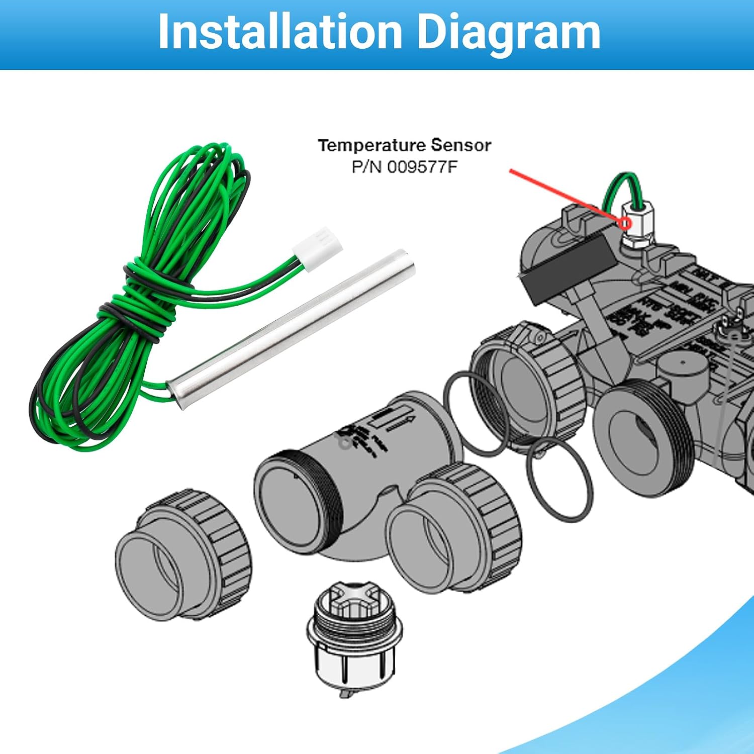009577F Temperature Sensor Iid Units Compatible with Raypak Spa & Pool Heater 206A 207A 266A 267A 336A 337A 406A 407A Models, 3 Wire NTC 100K Pool Temperature Sensor, Pool Heater Parts