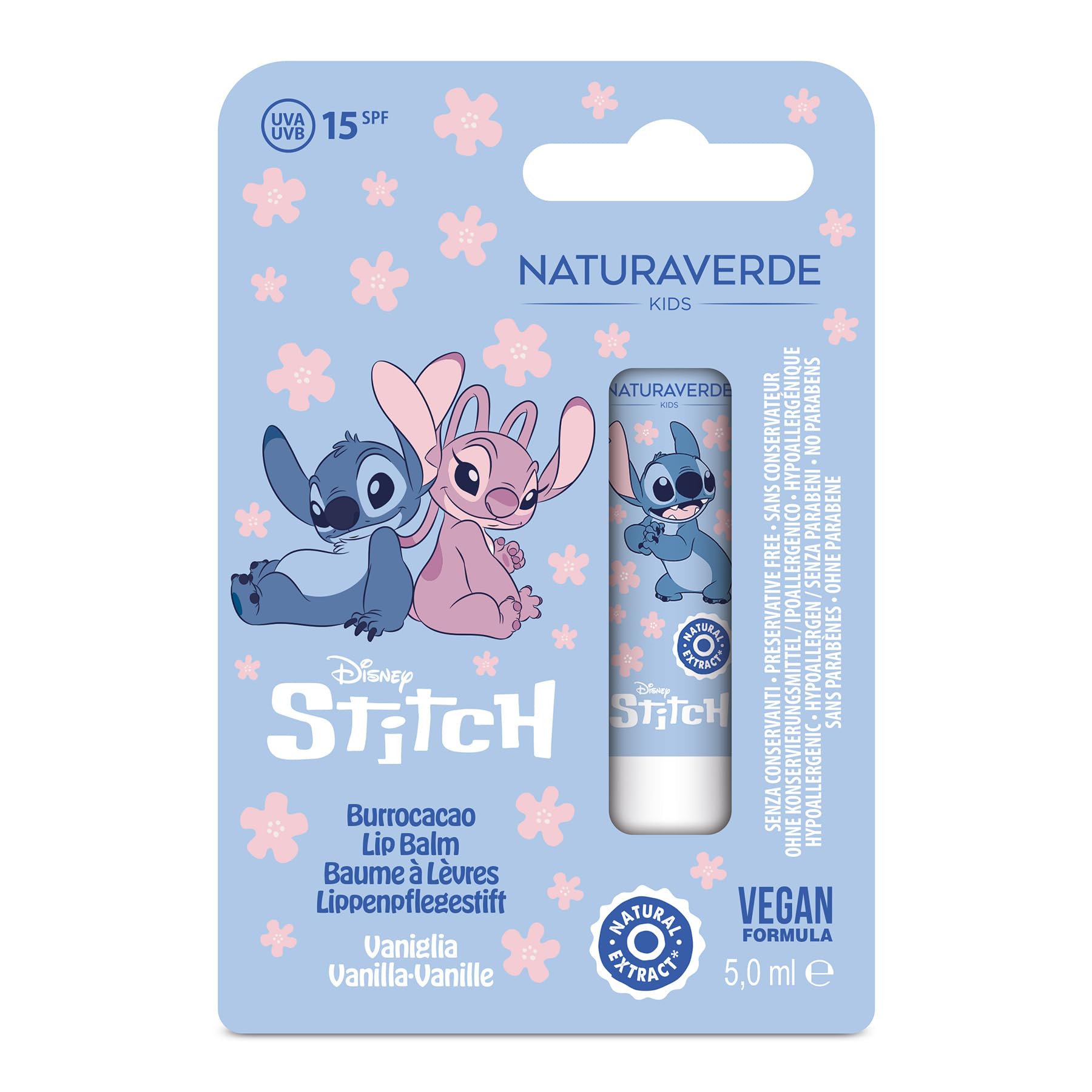 NATURAVERDE Kids -STITCH Burrocacao Vaniglia 5ml, Idratante e Protettivo con SPF 15, Ideale per Bambini