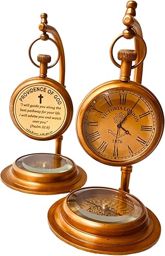 ALADEAN Reloj de mesa de latón con brújula  Reloj de escritorio Path of God  Reloj de estante de regalo religioso vintage decorativo cristiano