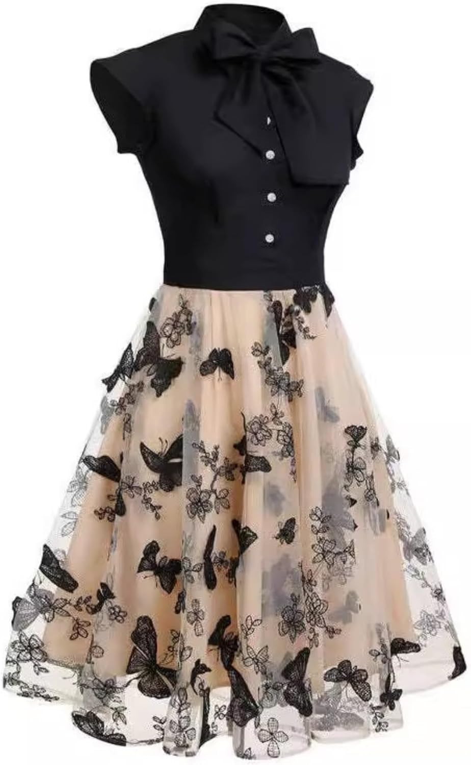 Women's Retro 1950s Cocktail Dress Bow Tie Neck A Line Butterfly Embroidery Midi Dress