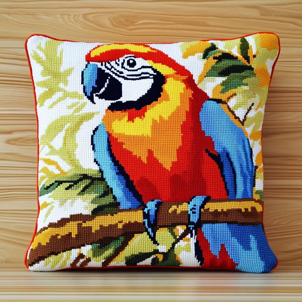 Taxpy Latch Hook Kits, Parrot on a Branch Pillow Pre-Printed Patterns Pillowcase Needlework Crochet Yarns Latch Hooking Cushion for Sofa Decor 17x17inch