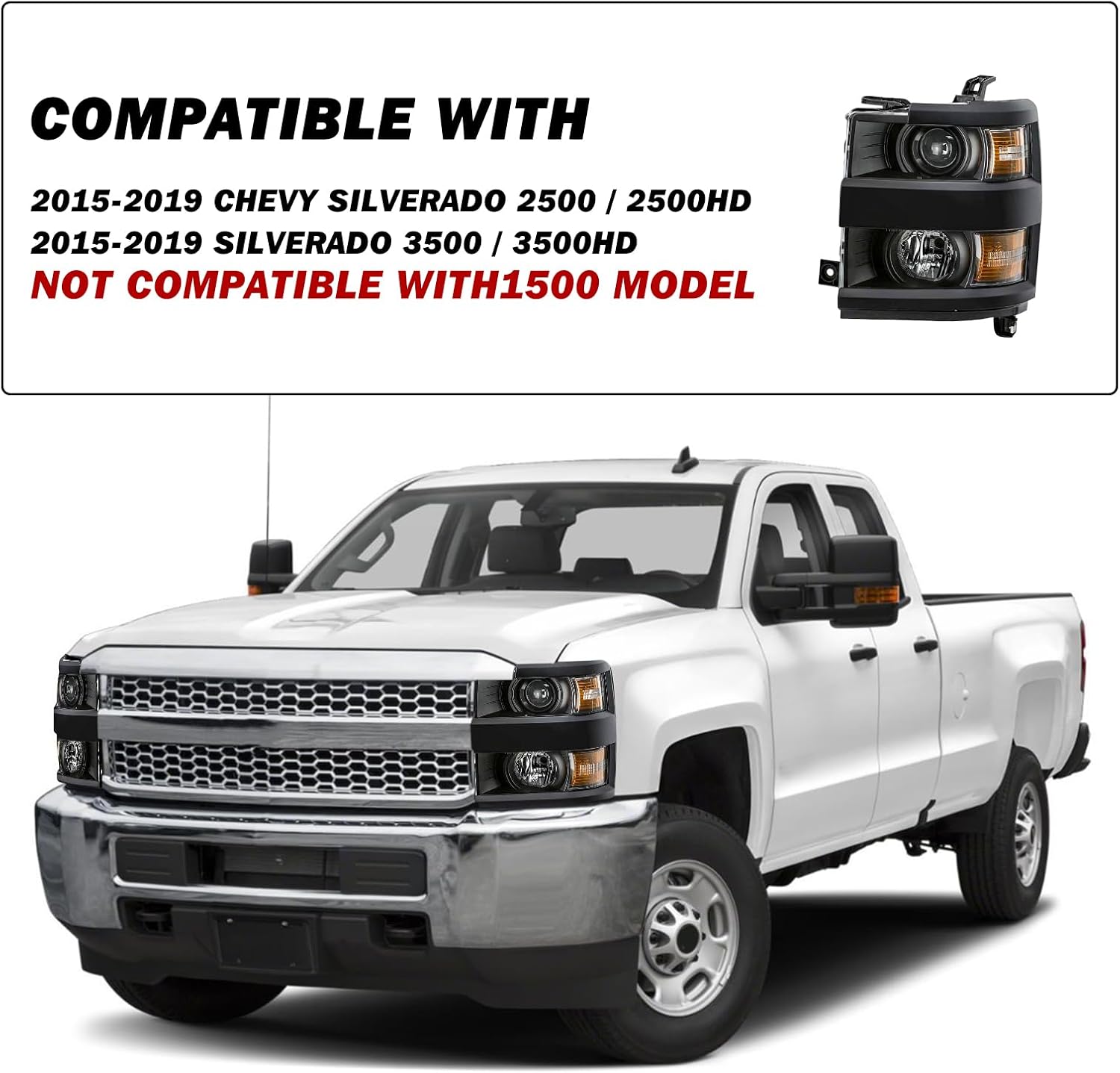 SOCKIR Headlight Assembly Fit for 2015 to 2019 Chevy Silverado 2500HD 3500HD Factory Headlamp Projector Halogen Factory Front Light Pair Set Black Housing Bulbs Included