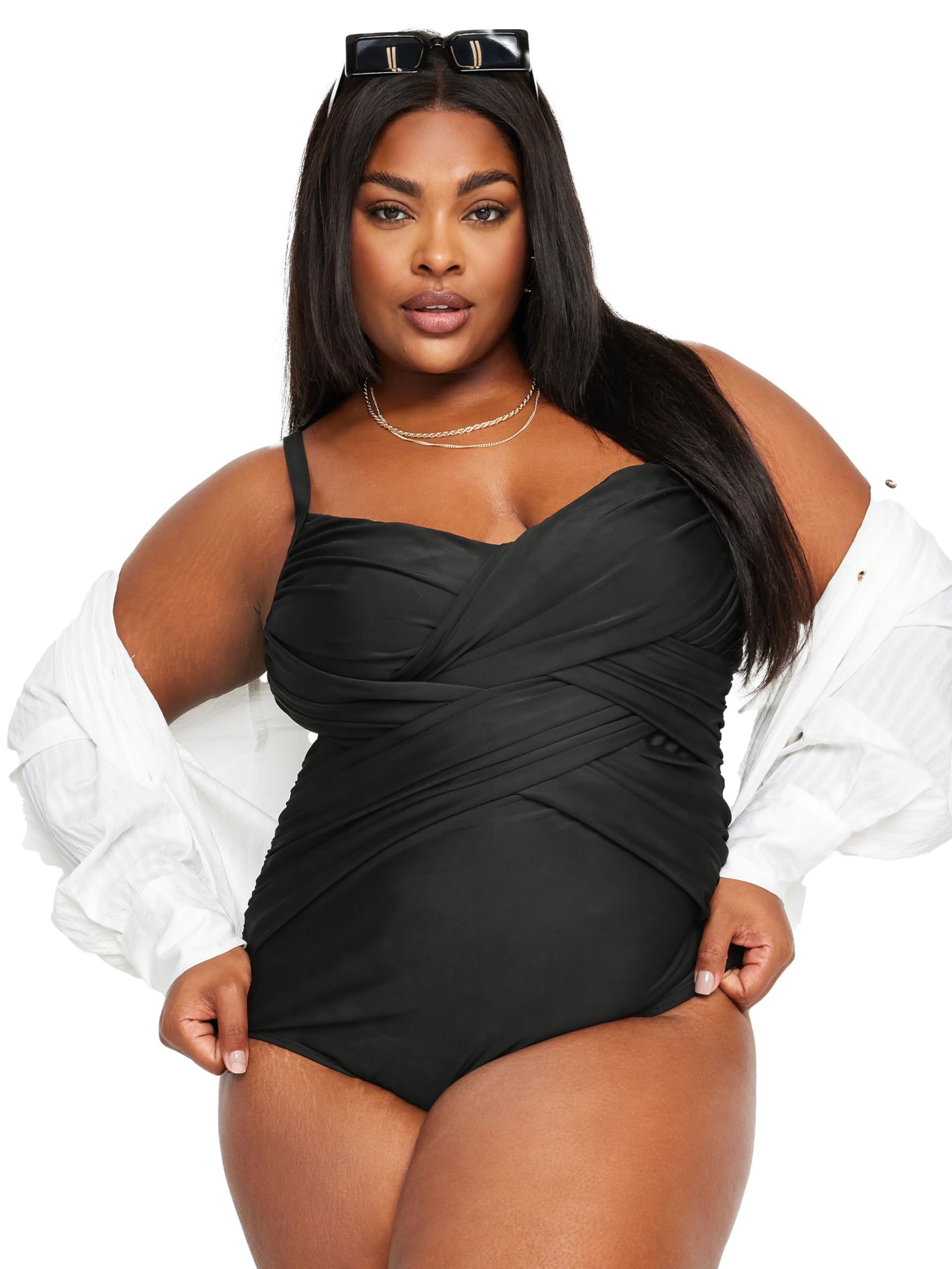 Yours Women's Black Double Crossover Tummy Control Swimsuit In | Size: 28