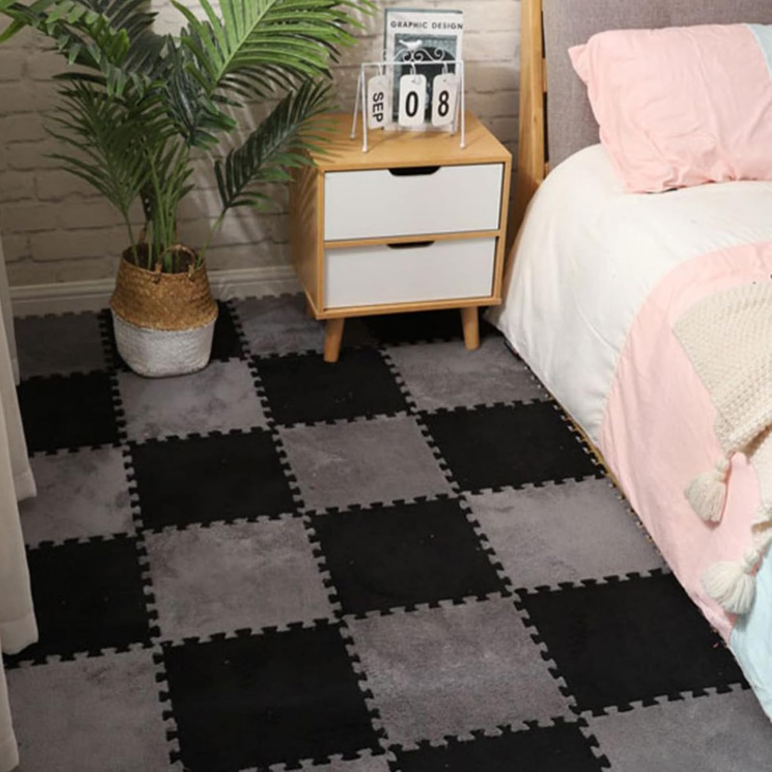 Generic Tapis patchwork en velours de lait, tapis de sol en mousse puzzle en peluche, 20 pièces (vert blanc, 30 x 30 cm)