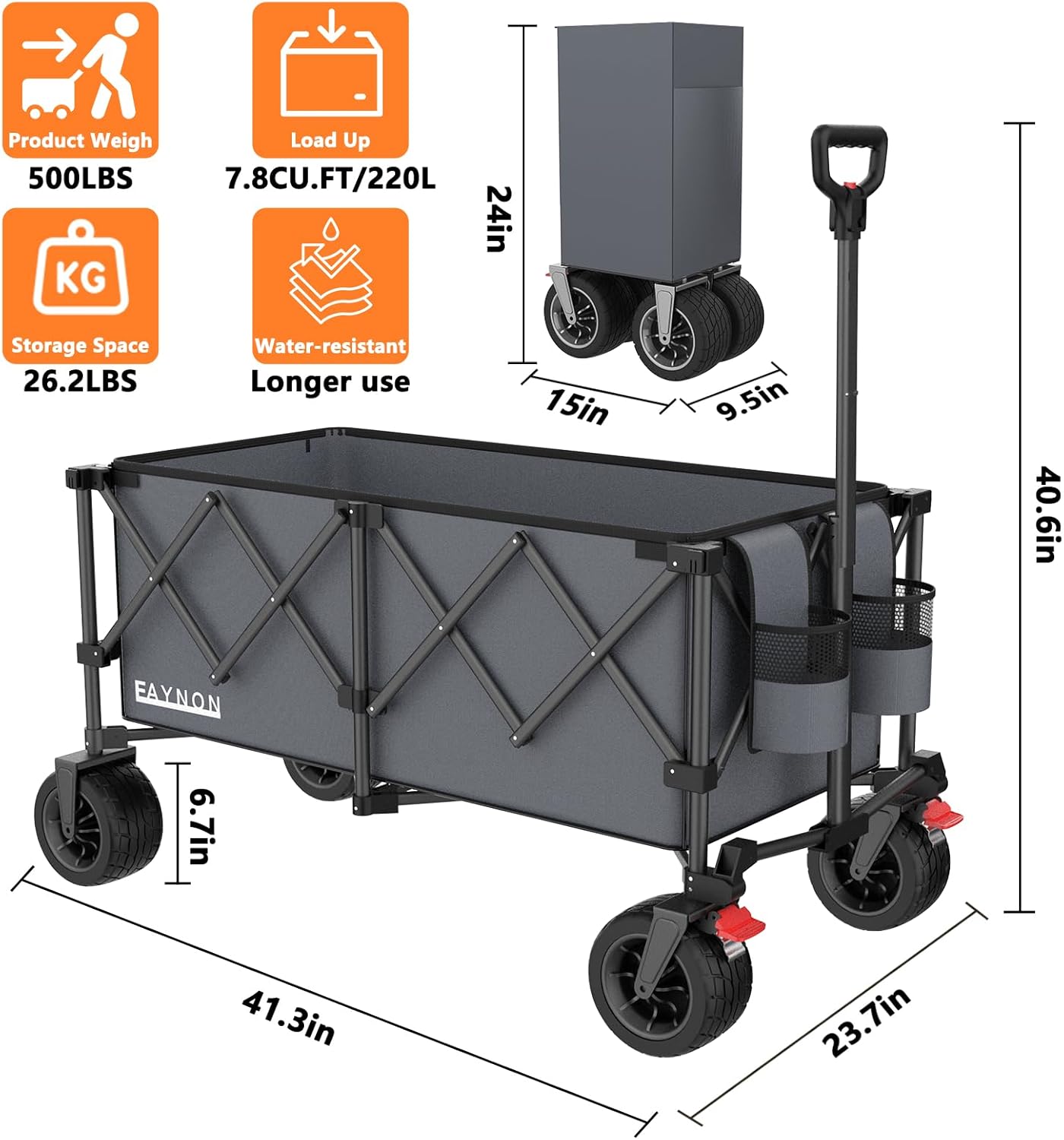 42 L Collapsible Foldable Wagon, 500LB Weight Capacity with 220L Heavy Duty Folding Wagon,Utility Wagon with Big All-Terrain Beach Wheel, Drink Holders 2 Bungee Cords,Black