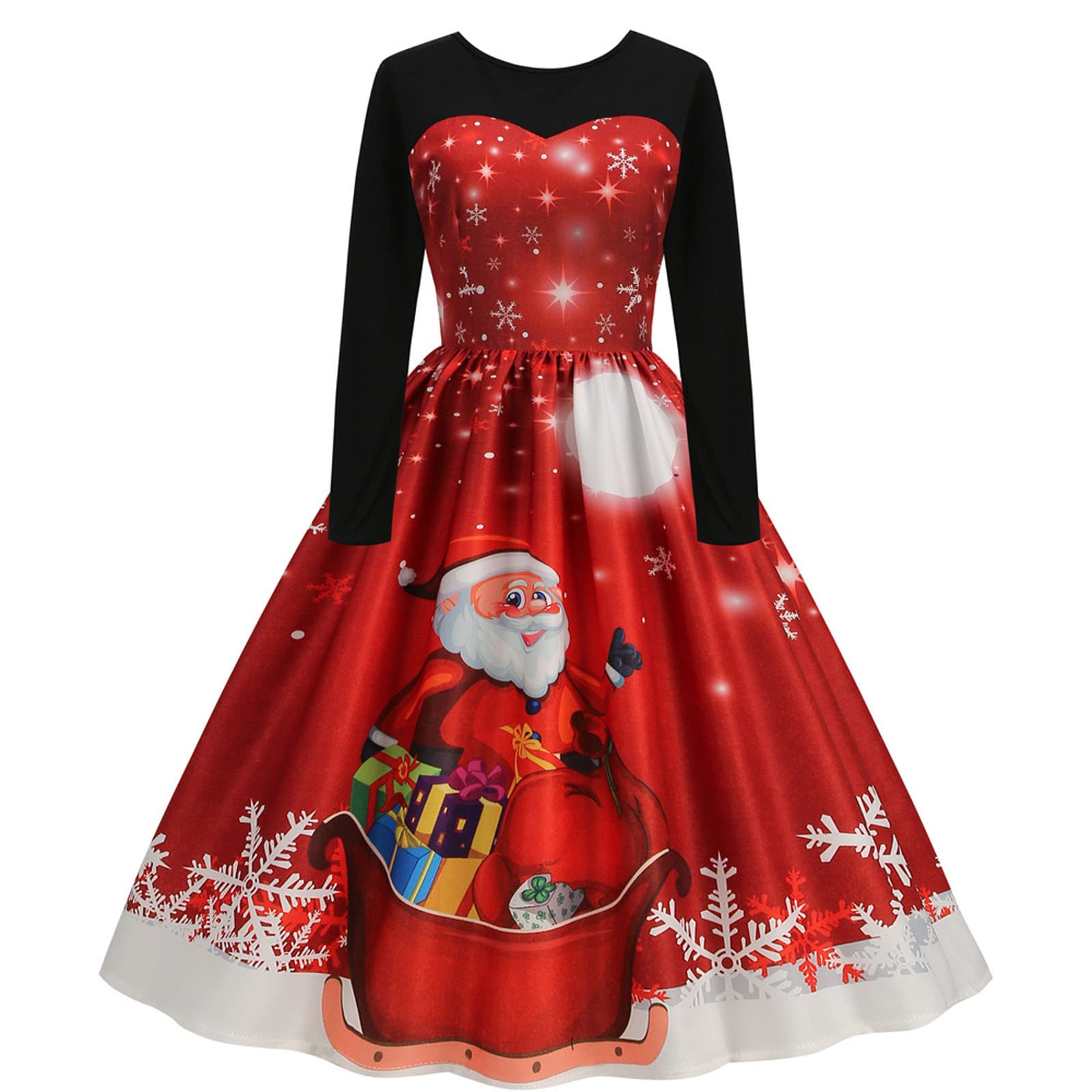 Christmas Dresses for Women Cocktai Swing Long Sleeve Party Dress Snowflake Reindeer Printed Cosplay Costumes Outfits