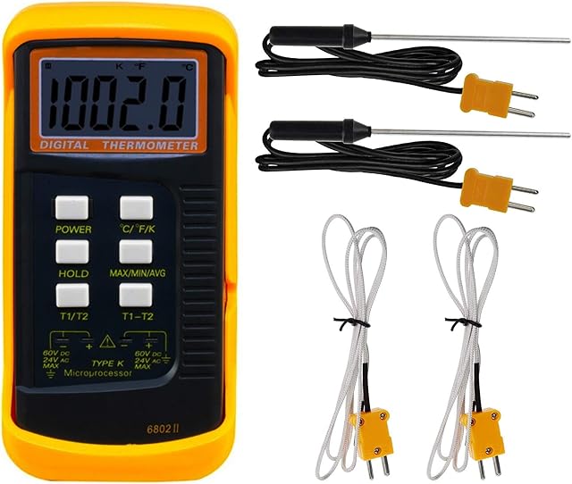 Dual Channel Digital Thermometer DT-6802 II with 2 K- type Thermocouples Sensor Probe, -58~2498°F Kelvin Scale Dual Measurement Meter Sensor for K/J/T/E/R/S/N Temperature Meter