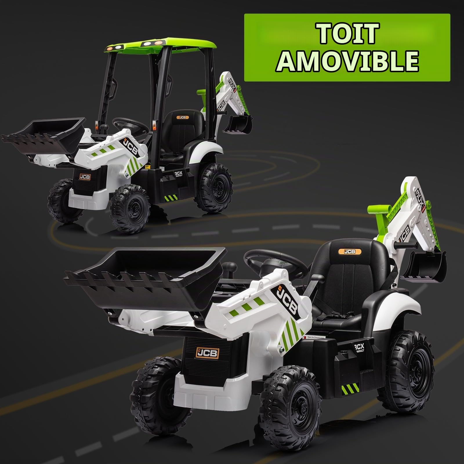 Zstar Tracteur électrique 4 en 1 pour Enfants 12V – Pelleteuse, Bulldozer, télécommande, klaxon, Plafond Amovible – Jouet véhicule excavateur, Vitesse 2-4 km/h – Blanc et Vert