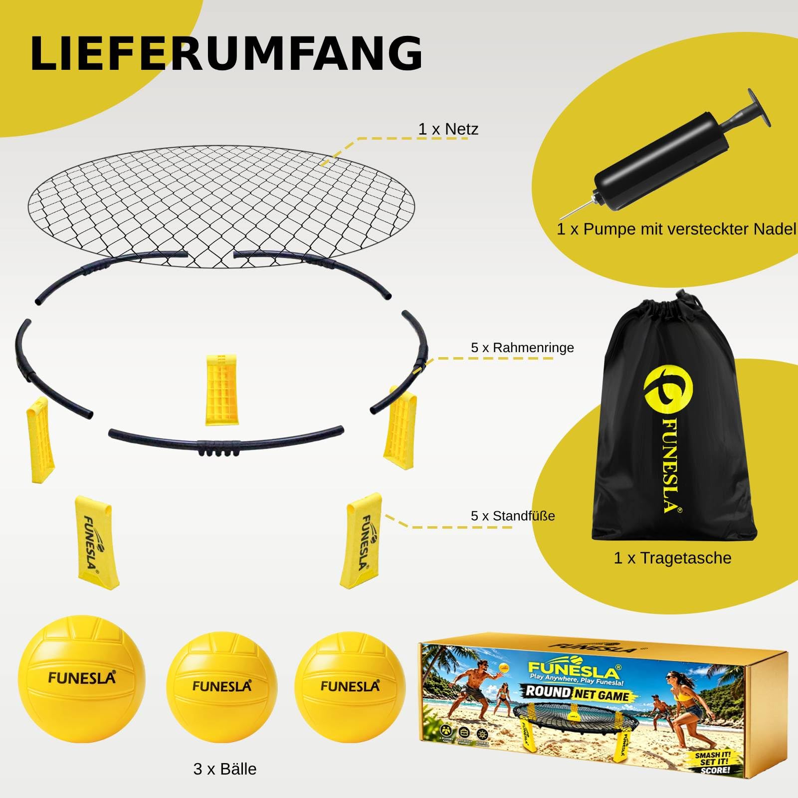 Roundnet Set mit Tasche für Strand & Garten, Outdoorspiel, 3 Bälle, Luftpumpe