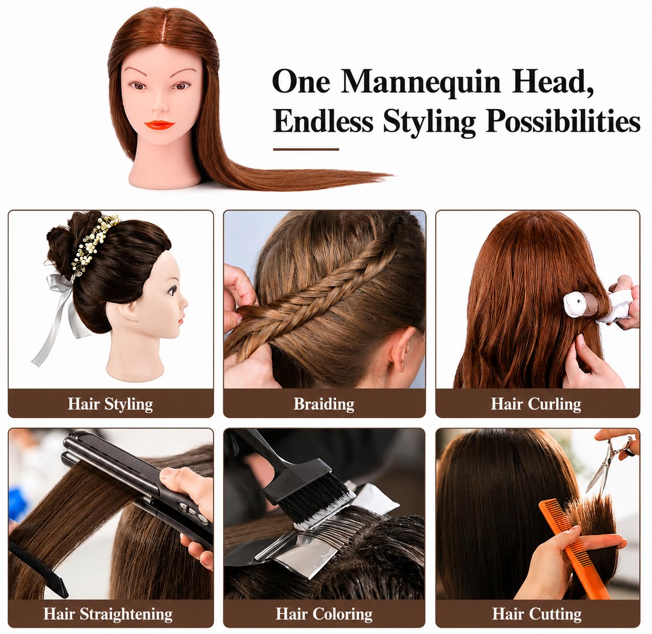 Yofuly Friseur-Trainingskopf, 45,7 cm, 100 % Echthaar, Manikin-Kosmetologie-Puppenkopf zum Flechten und Haarstyling, Übungskopf mit Tischklemme + DIY-Zopf-Set (braun)
