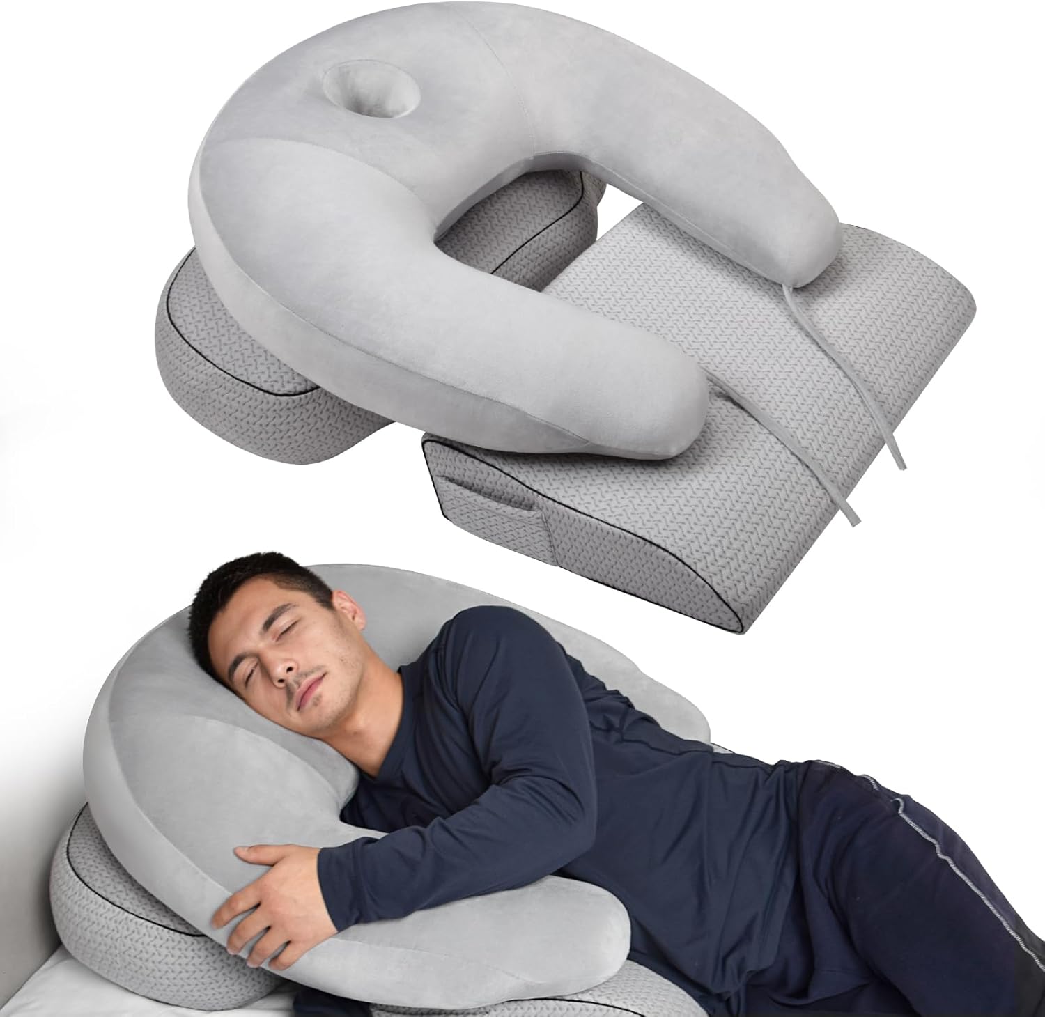 Pozico Wedge Pillow System – 3-in-1 Modular Support Set with U-Shaped, Knee & Ear Piercing Pillows – Pain Relief for Neck, Shoulder & Belly Pressure – Ergonomic Design with Removable Cover Grey