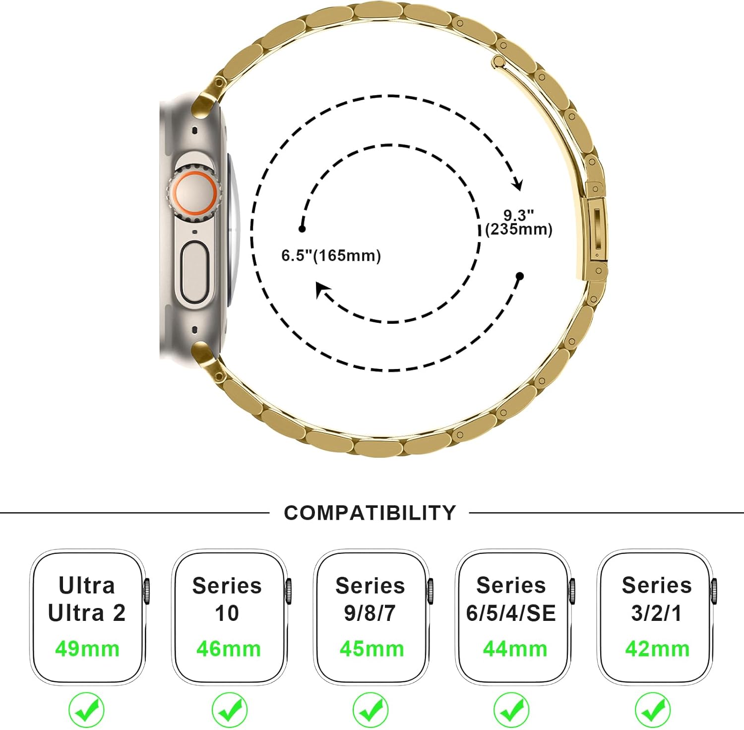 Anlinser Metal Bands Compatible with Apple Watch Band 49mm 46mm 45mm 44mm 42mm Women Men, Five-link Stainless Steel Strap for iWatch Ultra 3/2/1 SE Series 11 10 9 8 7 6-1 (Gold) - Image 7