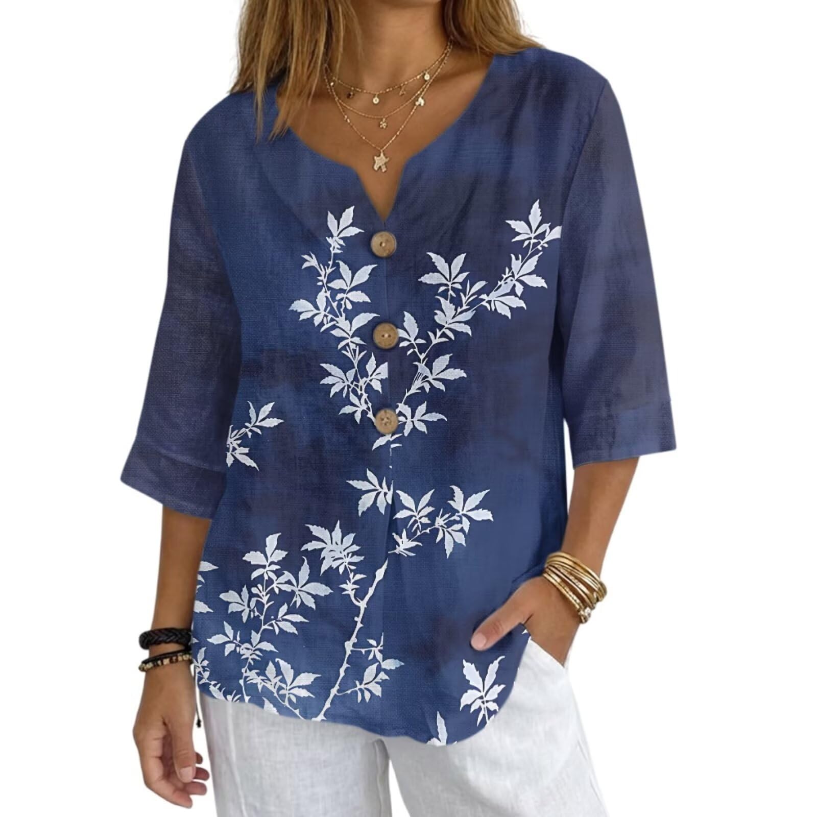 Women's V-Neck Tunic Top, Casual Polyester Linen Blouse with Decorative Buttons, Loose Fit Easy Care Everyday Wear