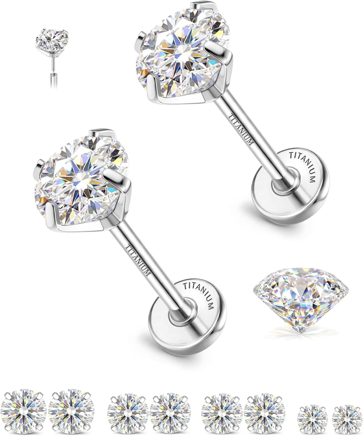 GEMQUEEN 8 PCS Moissanite ＆ Implant Grade G23 Titanium Nose Studs Flat Back Earrings Hypoallergenic : 14K Gold Plated Nose Rings 20G Push in Threadless Cartilage Helix Piercing Jewelry for Women Men