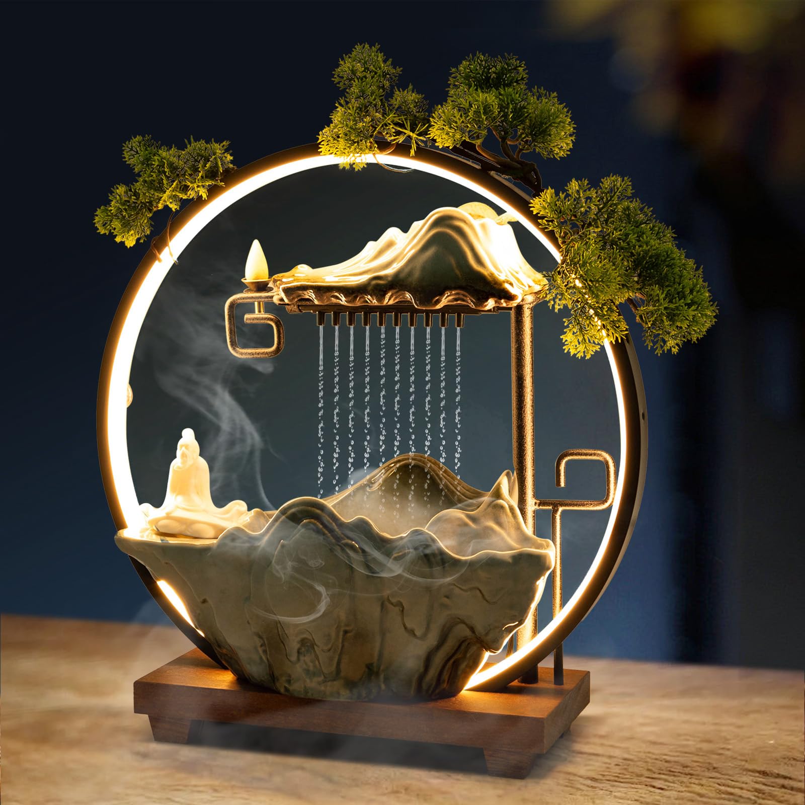 Tabletop Fountain with Light Atomizer,Waterfall Zen Meditation Desktop Rockery Water Fountain Bonsai Retro Backflow Incense Burner Home Decor for Home Office, 13.8 * 5.12 * 14.57in, Style B