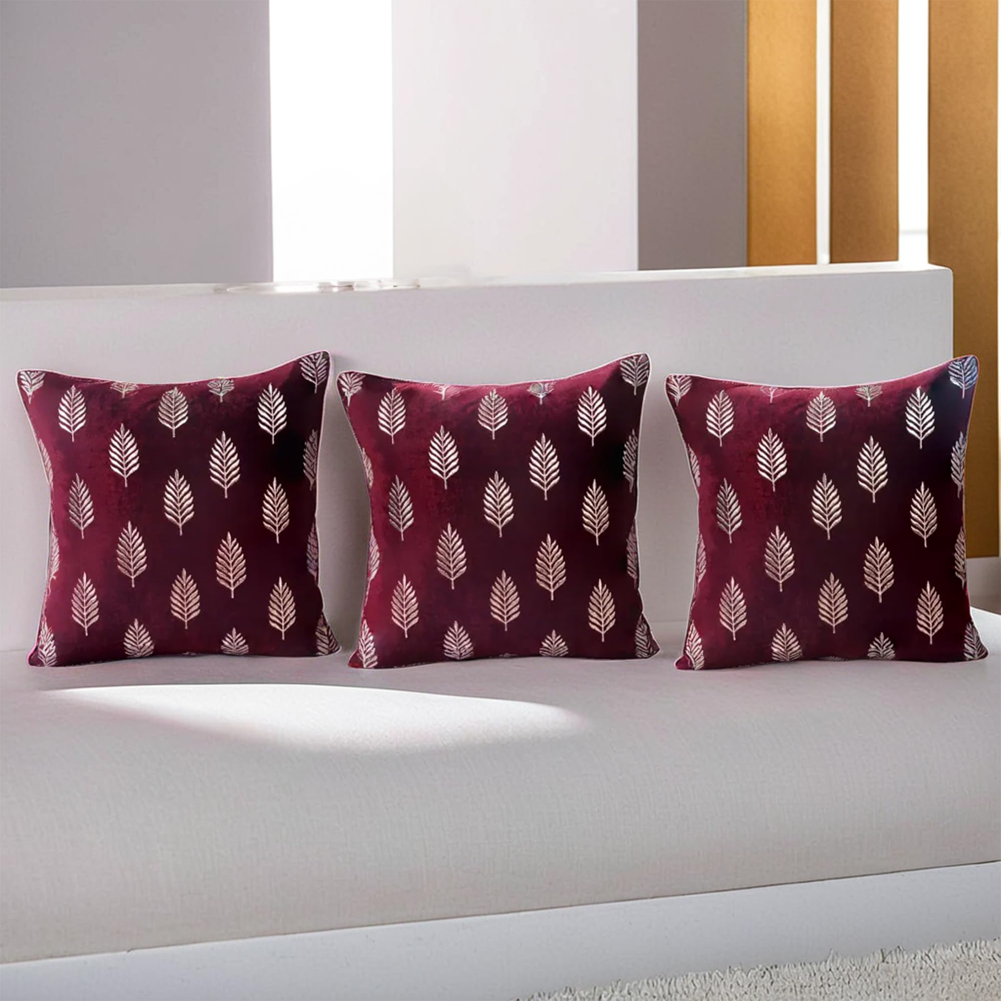 Decoghar Wine Handmade Sofa Cushion Covers | Golden Zari Leaf Embroidered Square Throw Pillow Cover | 16 X 16 Inch | Pack of 2-image-19