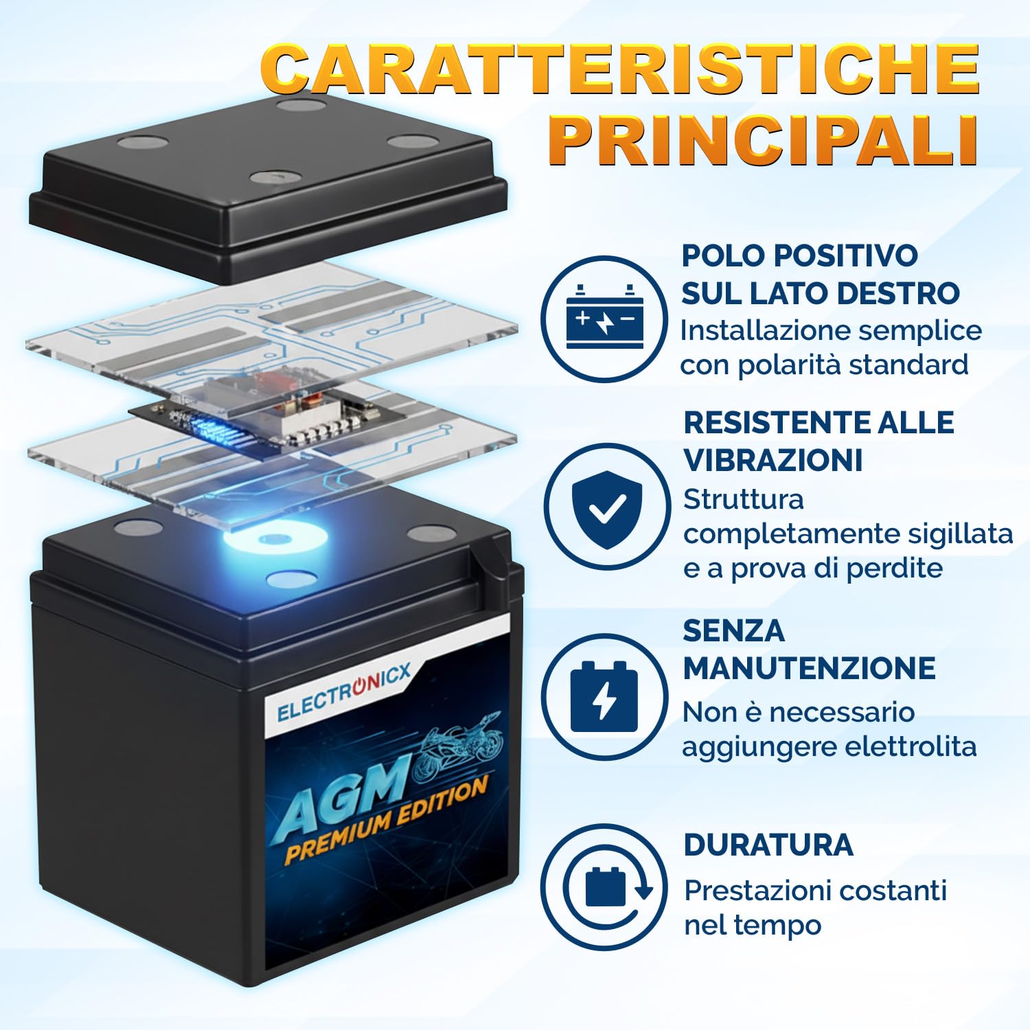 Electronicx YIX30L-BS AGM Batteria Moto 12V 30Ah – Avviamento 380A CCA, sigillata, senza manutenzione, compatta, resistente alle vibrazioni – per moto, quad, ATV, trattorini, motoslitte e touring