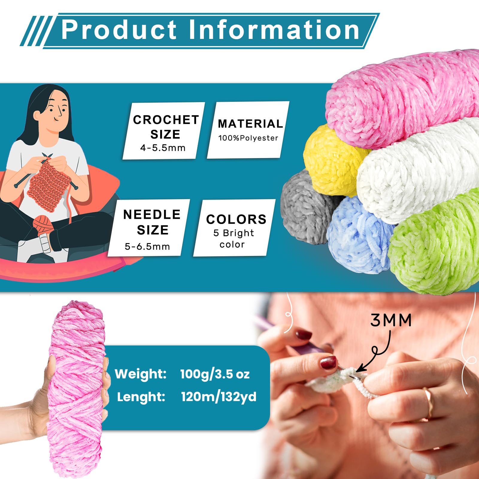 Crochet Yarn Chunky Yarn for Crochet Chunky Wool for Knitting 100g Balls x 4 Chenille Yarn Wool for Crochet Kits for Beginners Adults for Handmade Crafts Hats Blankets Scarves(Light Blue - Image 3