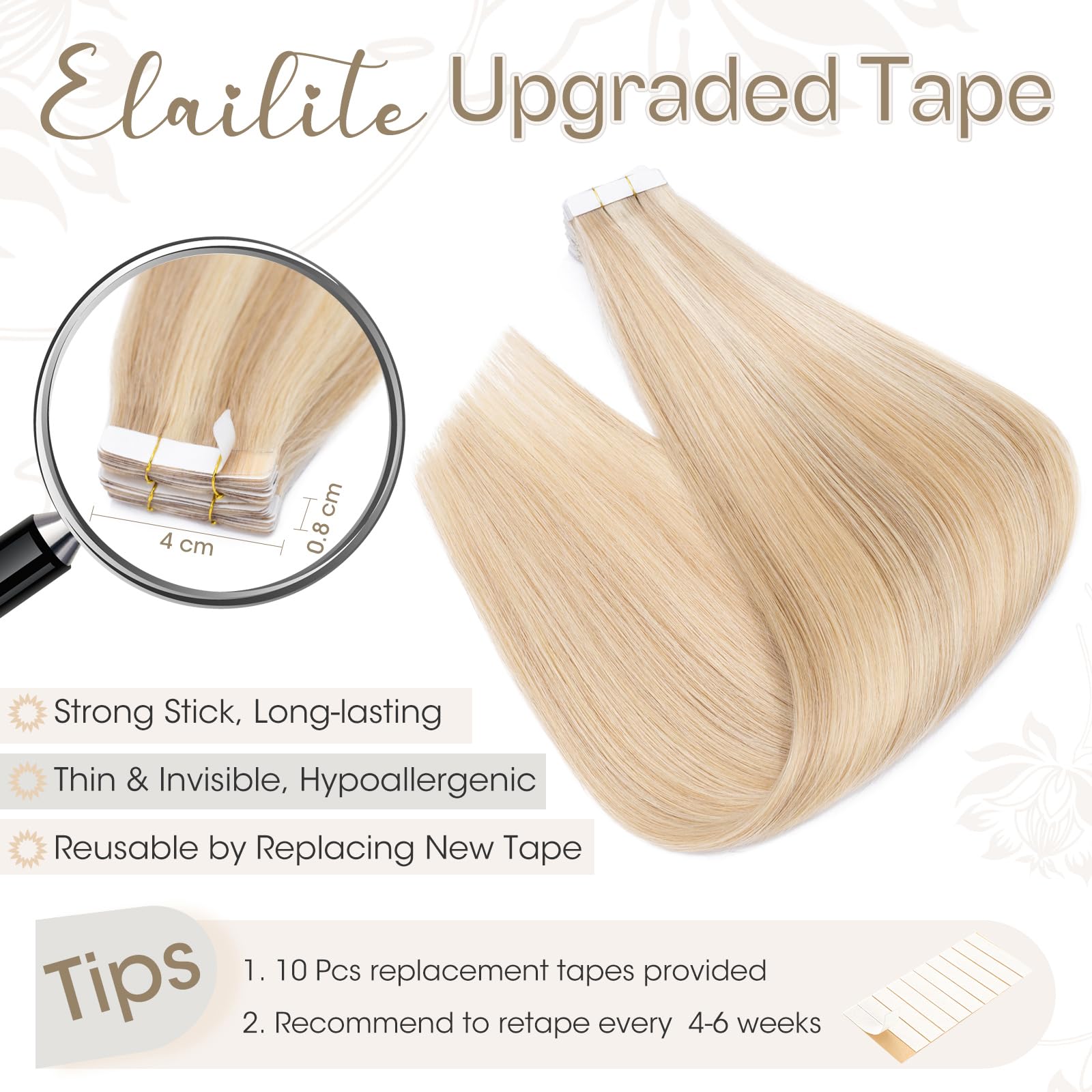 Elailite Tape in Hair Extensions Human Hair Thin Type 1.5g/pcs - Image 3
