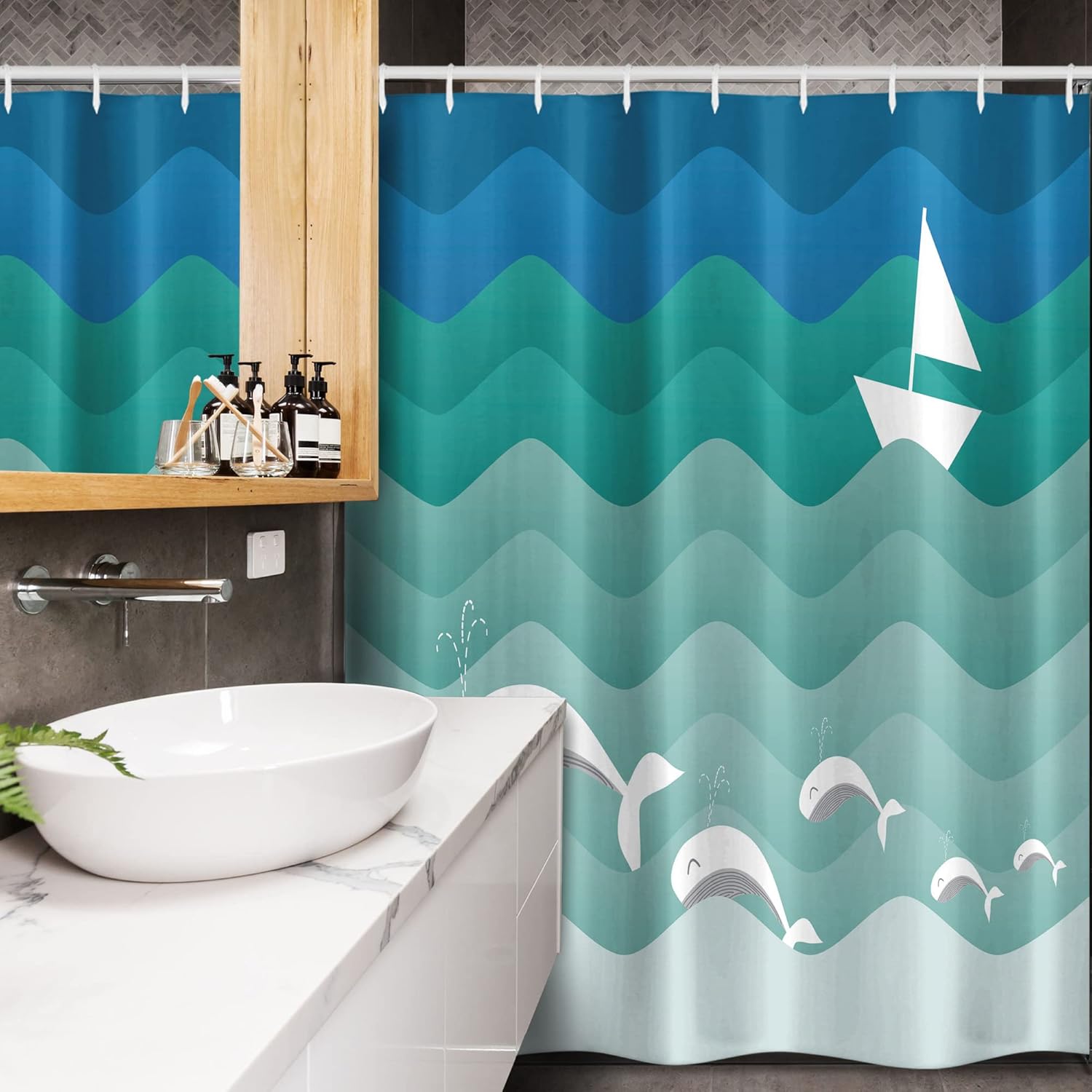 Ambesonne Nautical Stall Shower Curtain, Theme Paper Boat Sea Happy Dolphins Underwater Animals Ocean, Fabric Bathroom Decor Set with Hooks, 54" W x 78" L, Teal Blue