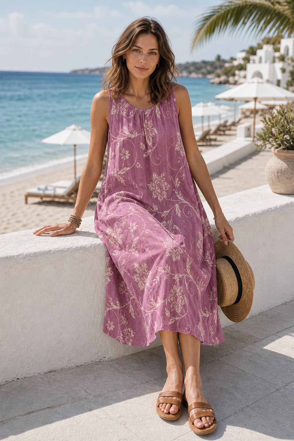 Sommerkleid Damen Ärmellose Strandkleid Rundhalsausschnitt Blumenprint Maxi Kleid Freizeitkleid Sommer Kleider Casual