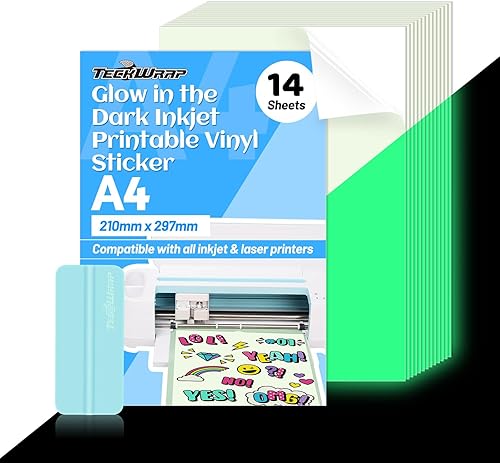 TECKWRAP Papel adhesivo de vinilo imprimible para impresora de inyección de tinta, papel adhesivo imprimible de vinilo que brilla en la oscuridad,