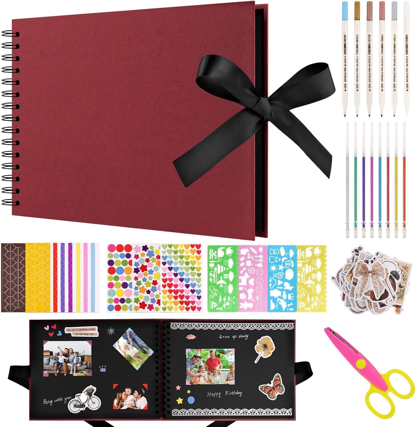 Scrapbook Photo Album 80 Black Pages Scrap Book - DIY Memory Album 12 x 8.3 inches Memory Books - Kraft Paper Scrap Book Come With Scrapbook Accessories - for Family,Wedding Memory Book (Red)