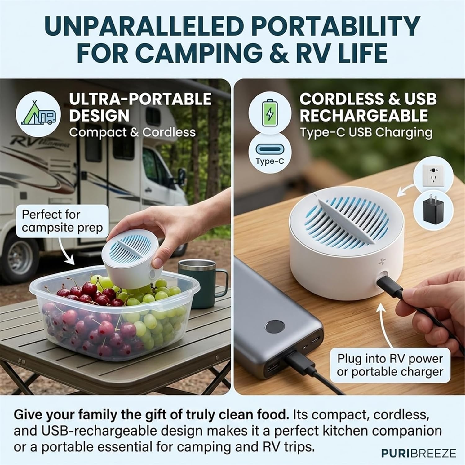 Puribreeze Vegetable Cleaner, Portable Fruit and Vegetable Washing Machine, Cordless Produce Washer, Oh-Ion Food Purifier for Deep Cleaning Surface Residues, For Surface Residues, IPX7 Waterproof