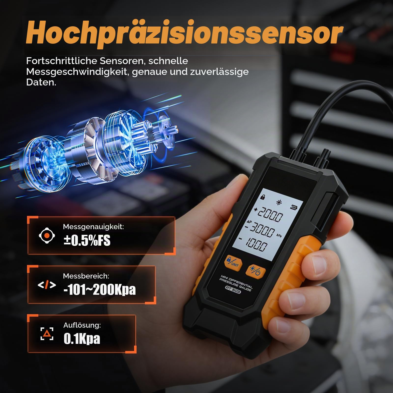 Digitales Differenzdruckmessgerät, -101-200 kPa Manometer ±0,5% FS Hochpräzises Gasdruckmesser 6 Einheiten Schalter Luftdruckmesser, Datenhaltefunktion Mini Differential Pressure Gauge