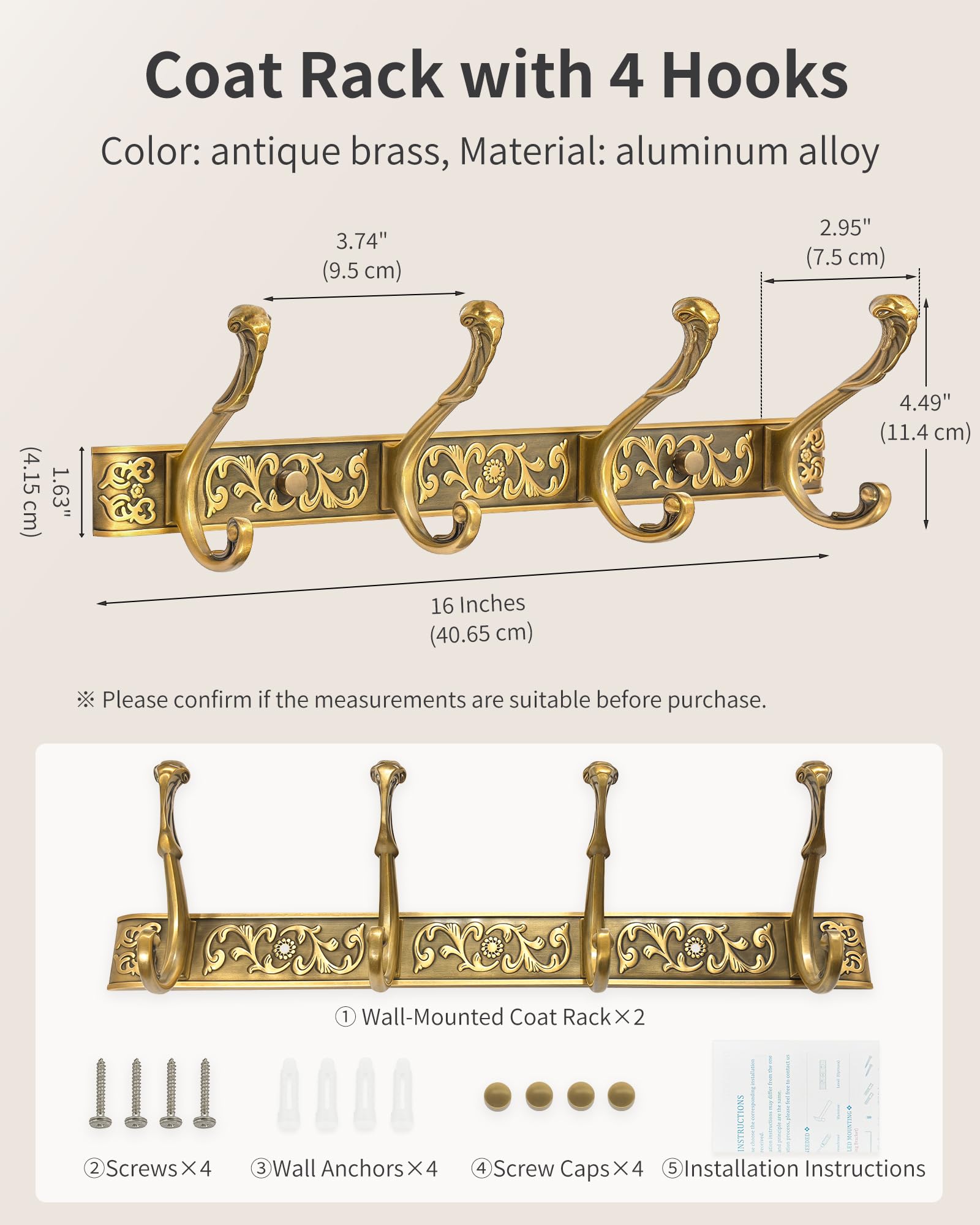 Vintage Garderobenleiste Wandhalterung, dekorative Wandgarderobe mit 4 Haken zum Aufhängen von Schlüssel, Geldbörse, Hut, Bademantel, Handtuch, Kleidung, einzigartiger Kleiderbügel für