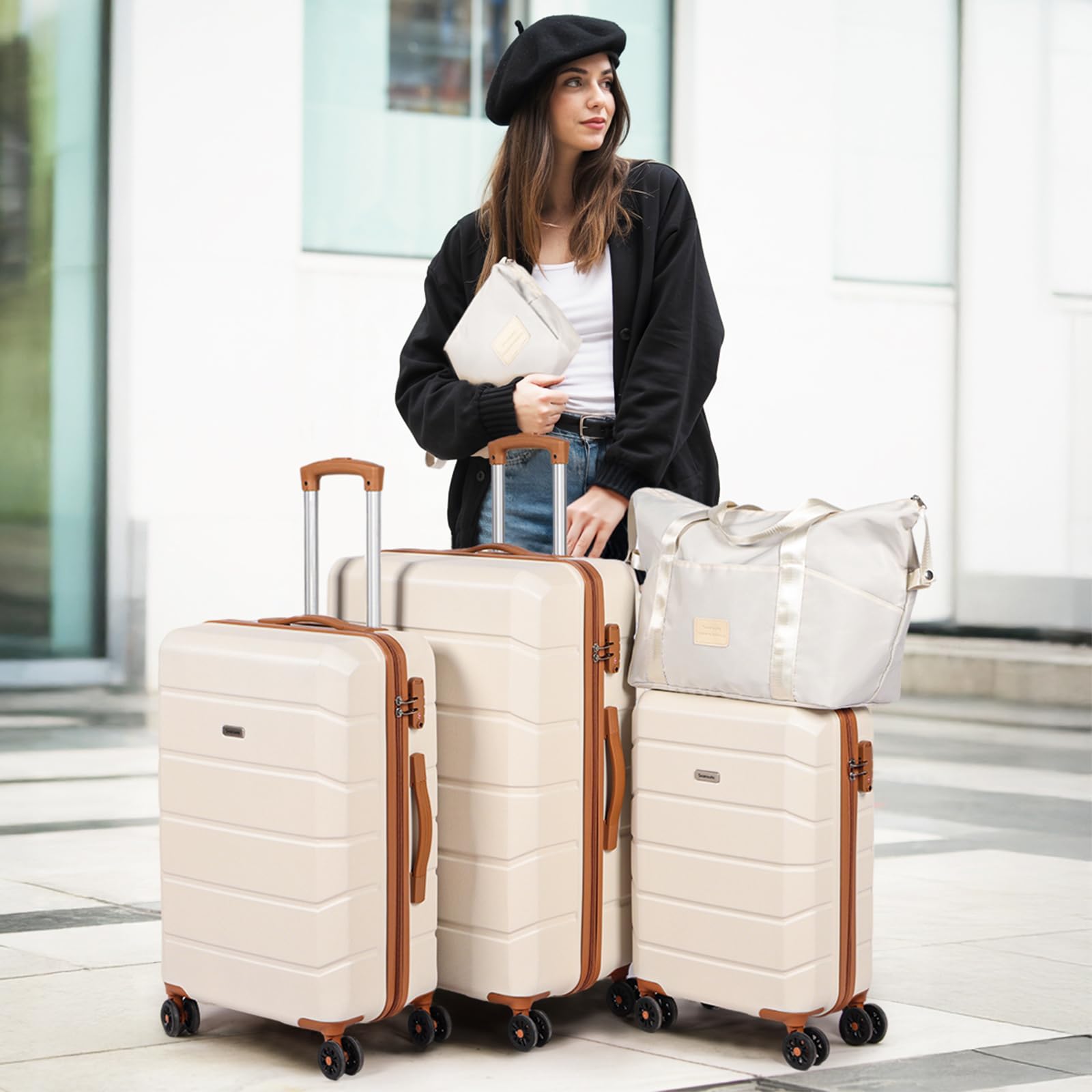Ensemble 5 pièces valises rigides légères ABS, Roues pivotantes, Serrure TSA, incluant Sac de Voyage et Trousse de Toilette - 20"+24"+28", Blanc