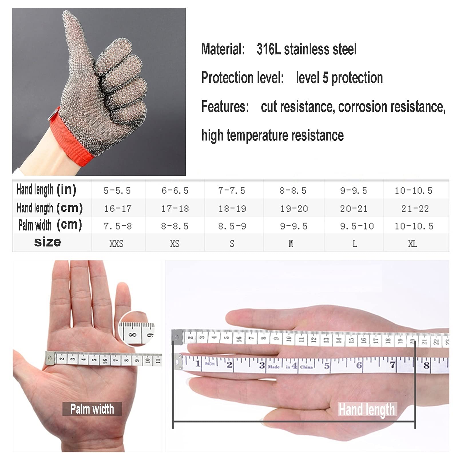 Guantes Anticortes, Guantes Resistentes a Cortes, Prueba 304, Acero Inoxidable, Nivel 5, protección de Seguridad para la Cocina, extracción de ostras, Filete de Pescado