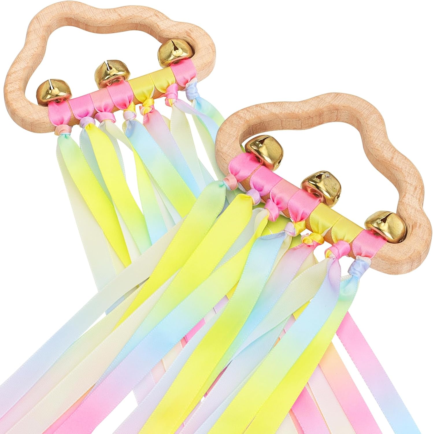 Sensory Toys for Babies – 2 Pack Teething Sensory Toy Rainbow Ribbons Rattle Toys Baby Wooden Toys for Babies Infant Toddler 3-24 Months Gradient Rainbow